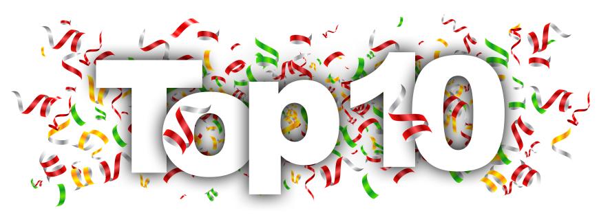 The words Top 10 in white type on a background of red, yellow, and green confetti
