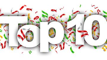 The words Top 10 in white type on a background of red, yellow, and green confetti