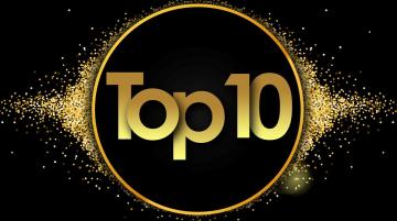 The words Top 10 in bold, gold type overlaid on a black circle with a gold ring around it.  Gold stars surround the circle. The background behind the circle is black.