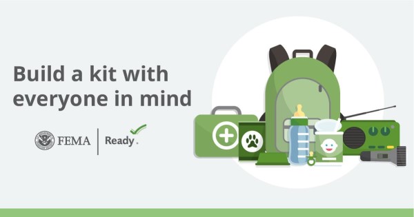 Animated graphic with different items needed for an emergency kit. Text reads: Build a kit with everyone in mind